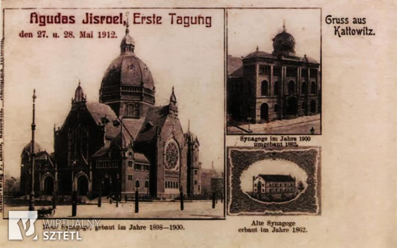 Katowice. Widokówka przedstawiająca miejscowe synagogi, przedrukowana z okazji konferencji, na której powstała partia Aguda (1912)